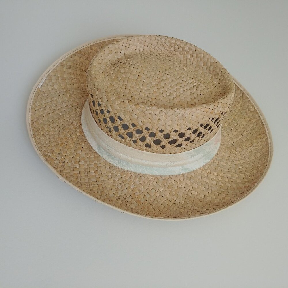 Straw sunhat with brim and faded pastel trim - Picture 3 of 9